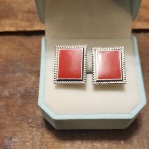 Rectangular Coral Clip On Earrings with Silver Trim